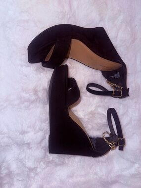 Torrid Black Wedge Sandals with Ankle Strap and Gold Chain Accent